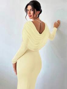 Firerie Women's Elegant Pale Yellow Long-Sleeved Frock Neck Dress,Autumn Dinner Party Outfit,Holiday Wedding Guest Prom Gown,New Year Clothes For Women - White - View 2