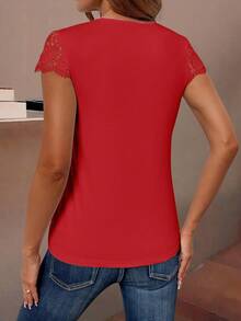 EMERY ROSE Women's Solid V-Neck Short Sleeve Simple Casual Top - Red - View 2