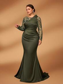 Serin Plus Size Autumn And Winter Elegant Gorgeous Luxury Green Sequin Embroidery Stitching Satin Long Sleeves Asymmetrical Pleated Shape Chest Design Slim Pleated Fishtail Hem Dress Suitable For Dinner Bachelorette Party Date Dance Holiday Wedding Event Mother Of The Bride Dress Evening Dress, Valentine's Day - Green - View 3