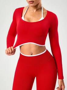 Seamluxe SHEIN Sport Camiseta Esportiva Vermelha Sem Costura Feminina, 2 em 1 de Manga Longa, Adequada para Fitness, Yoga e Uso Diário