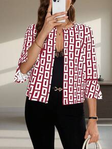 SHEIN Clasi Chaqueta con estampado geométrico y mangas divididas para mujer, ideal para el transporte en otoño/invierno - Burdeos - Ver 4
