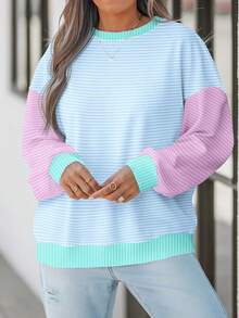 EMERY ROSE Casual Minimalist Colorblock Striped Loose Fit Crew Neck Sweatshirt For Women, Suitable For Fall/Winter Outings - Multicolor - View 3