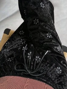 FRIFUL Pantaloni casual larghi in velluto nero con vita elastica e coulisse, con ricamo floreale, versatili per l'autunno - nero - Visualizzare 6