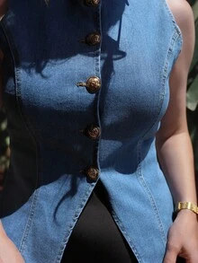 Hindelle 女式无袖牛仔上衣、休闲弹力紧身衣、夏季上衣、女式背心、90 年代服装、女式商务休闲装、女式外出上衣、女式春季服装、可爱上衣、女式音乐会服装、女式夏季服装、女式巡航服装、狂欢节服装、乡村音乐会服装、狂欢服装、牛仔上衣、女式复古上衣 - 中等水洗藍 - 查看 3