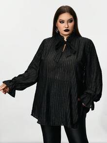 SHEIN CURVE+ 大码女式黑色长袖条纹衬衫万圣节/万圣节服装女士/万圣节服装/万圣节衬衫/冬季/秋季 - 黑色 - 查看 5