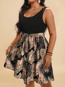 Travachic 大码热带印花拼布无袖休闲连衣裙 - 棕色 - 查看 4