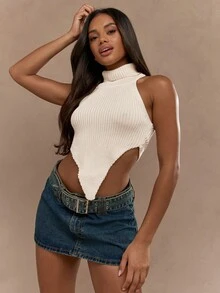 MISSGUIDED Rave 罗纹针织头巾下摆高领无袖上衣