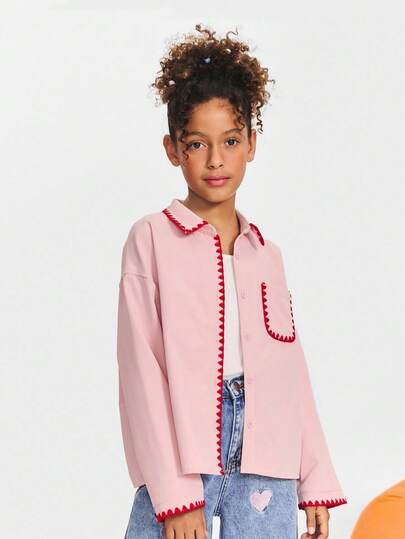 SHEIN Tween Girl Vacation Casual Colorblock Long Sleeve Shirt Blouse