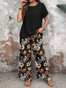 SHEIN LUNE Vintage Casual Romantic Vacation Mature, Black Round Neck Loose Pants Women's Versatile Two Pieces Set, Floral Print Pattern Suitable For Spring And Autumn, Comfortable - Multicolor - View 4