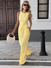 SHEIN LUNE 2pcs Women Set Lemon Yellow Solid Color Sleeveless Top & Pocketed Long Pants