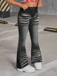 SHEIN 少女Y2K复古水洗70年代喇叭裤，斜插口袋，秋季返校季，喇叭裤，褶皱牛仔裤，灰色牛仔裤，喇叭裤 - 黑色 - 查看 3