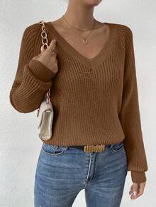 SHEIN LUNE Solid Raglan Sleeve Sweater - Mocha Brown - View 3