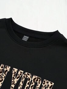 Slaydiva 2 Stücke Damen Lässig Leoparden Muster Slogan Loose Rundhalsausschnitt Sweatshirt und Skinny Hose Set, geeignet für Frühling/Herbst Outdoor - Schwarz - Übersicht 3