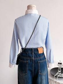 Japanese Sweet Preppy Style Button Up Shirt For Girl, Spring/Autumn Unique Design Blue Striped Long Sleeve Blouse Layering Outerwear Fall Winter