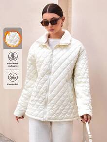 CLARA VERO Woman Solid Color Woven Padded Quilted Insulated Winter Coat Short Regular Jacket Zipper Pockets Zip Up Front Teddy Neck - White - View 1
