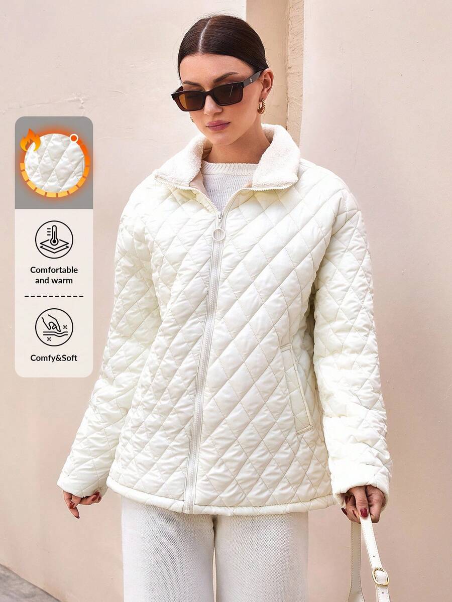 CLARA VERO Woman Solid Color Woven Padded Quilted Insulated Winter Coat Short Regular Jacket Zipper Pockets Zip Up Front Teddy Neck - White - View 1