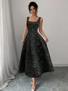 Elenzga New Design Women's Wide Strap Torn Textured Floral Woven Fabric Fitted Mid-Length Dress, Elegant Sophisticated Young Lady Versatile, Flattering And Slimming - Black - View 4