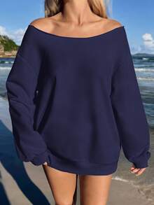 SHEIN EZwear Women's Navy Blue Off-Shoulder Loose Casual Oversized Long Sleeve Sweatshirt, Suitable For Autumn/Winter,Fall