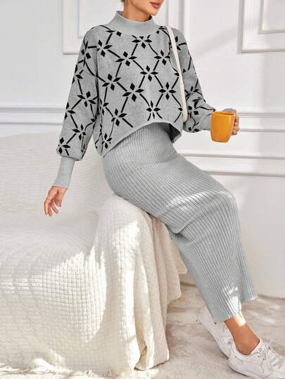 EURMUSE Women's Casual & Commute Full Pattern Cowl Neck Loose Pullover Sweater And Fitted Sweater Dress 2 Pieces Set, Autumn/Winter