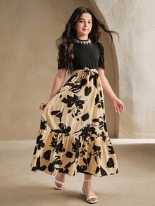 SHEIN Tween Girl Casual Printed Pattern Cinched Waist Dress, Suitable For Daily Wear And Commuting - Multicolor - View 1