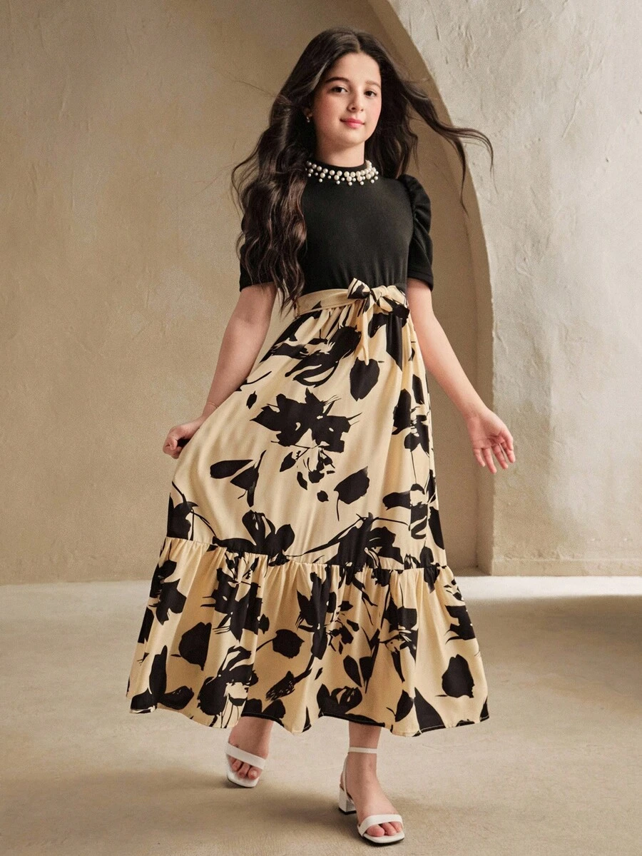 SHEIN Tween Girl Casual Printed Pattern Cinched Waist Dress, Suitable For Daily Wear And Commuting - Multicolor - View 1