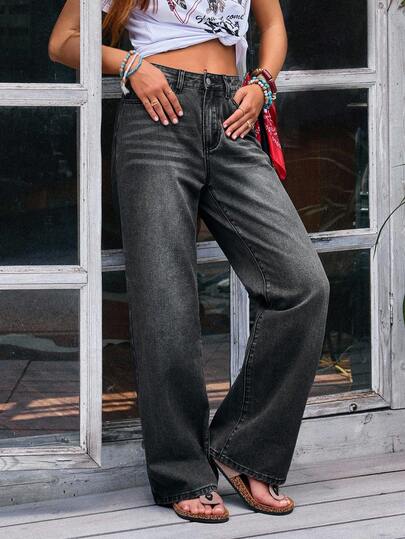 EMERY ROSE 女士休闲宽松直筒洗水牛仔裤