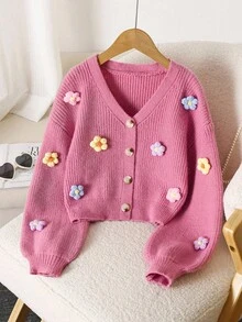 SHEIN Vintaside Kids 女孩手工花卉针织开衫，女童V领长袖可爱优雅粉色开襟毛衣 - 粉色 - 查看 8