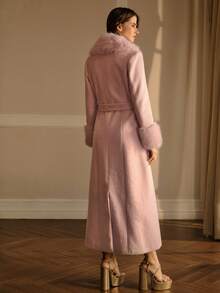 MOTF PREMIUM WOMEN'S WOOL PINK CONTRAST FUZZY TRIM LONG COAT - Pink - View 4