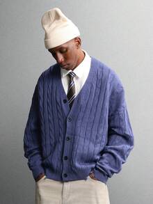 SUMWON Áo khoác cardigan cài nút cao cấp cổ chữ V cổ điển viền gân tay dài mặc thường ngày mùa đông thu thiết kế truyền thống - Màu xanh lam - Xem 5