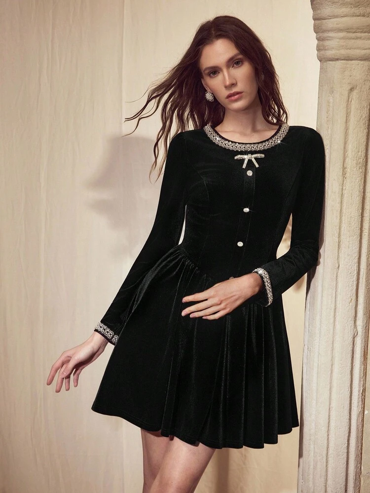 VELVET BLACK RHINESTONE DECOR WAIST CINCHED SHORT DRESS
