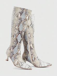CUCCOO SZL 女士时尚尖头蛇皮图案简约优雅百搭侧拉链细高跟及膝靴 - 彩色 - 查看 2