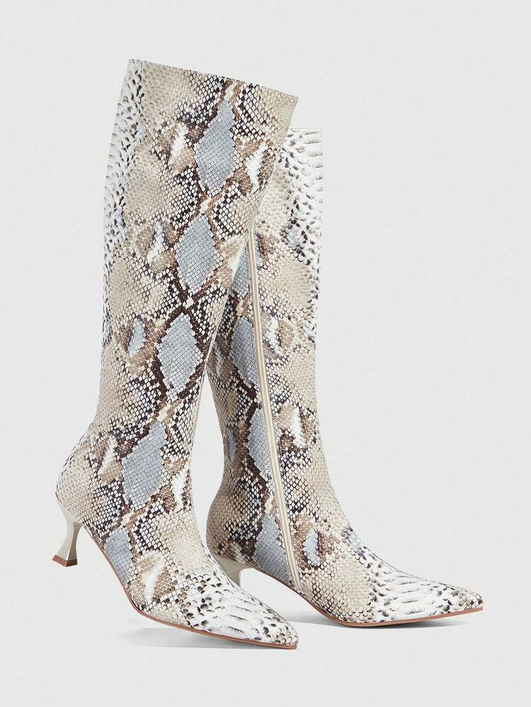 CUCCOO SZL Women's Fashion Pointed Toe Snakeskin Pattern Minimalist Elegant Versatile Side Zipper Stiletto Knee-High Boots For Christmas