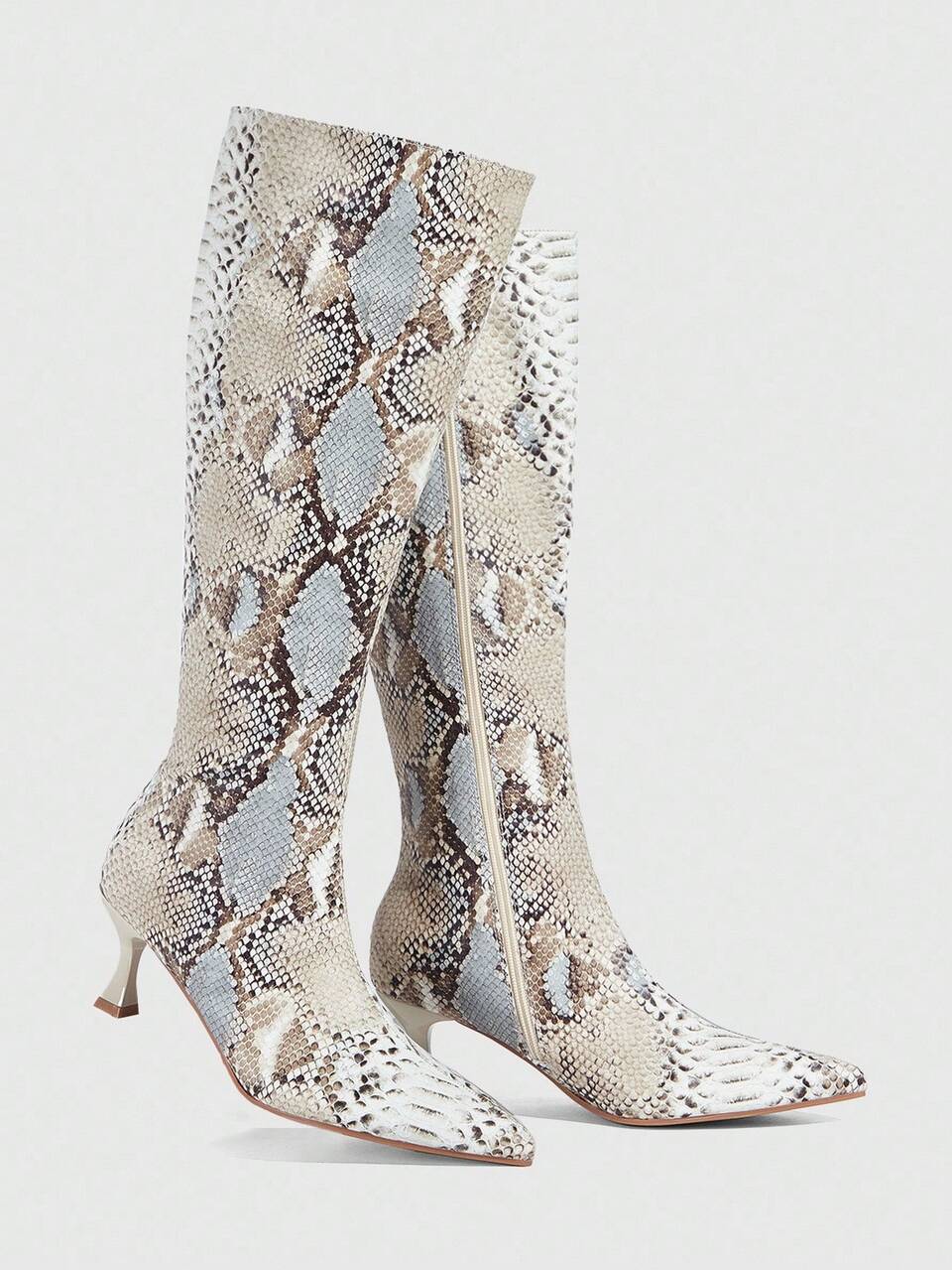 CUCCOO SZL Women's Fashion Pointed Toe Snakeskin Pattern Minimalist Elegant Versatile Side Zipper Stiletto Knee-High Boots For Christmas