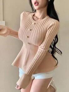 DAZY Women's Casual Ruffle Hem Splice Fitted Pullover Sweater, Solid Color Metal Button Decor, Suitable For Wedding, Party, Autumn/Winter