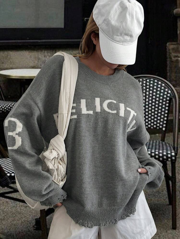 Women's Loose Fit Gray Letter Street Style Casual Sweater Fall/Winter