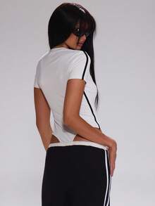 MUSERA Contrast Stripe Binding Slinky Fitted Short Sleeve Bodysuit Cute Autumn Fall Teacher Back To School Casual Work Streetwear Sporty Work Wear Corporate Run  Evening Spring - White - View 4