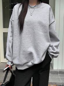 DAZY 女式宽松圆领运动衫，带罗纹装饰，长袖上衣，秋季服装 - 灰色 - 查看 6