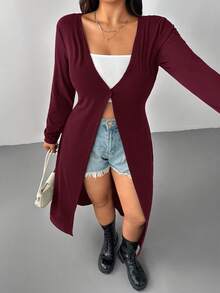 SHEIN EZwear 秋冬大码勃艮第纯色修身休闲开衫 - 酒紅色 - 查看 6