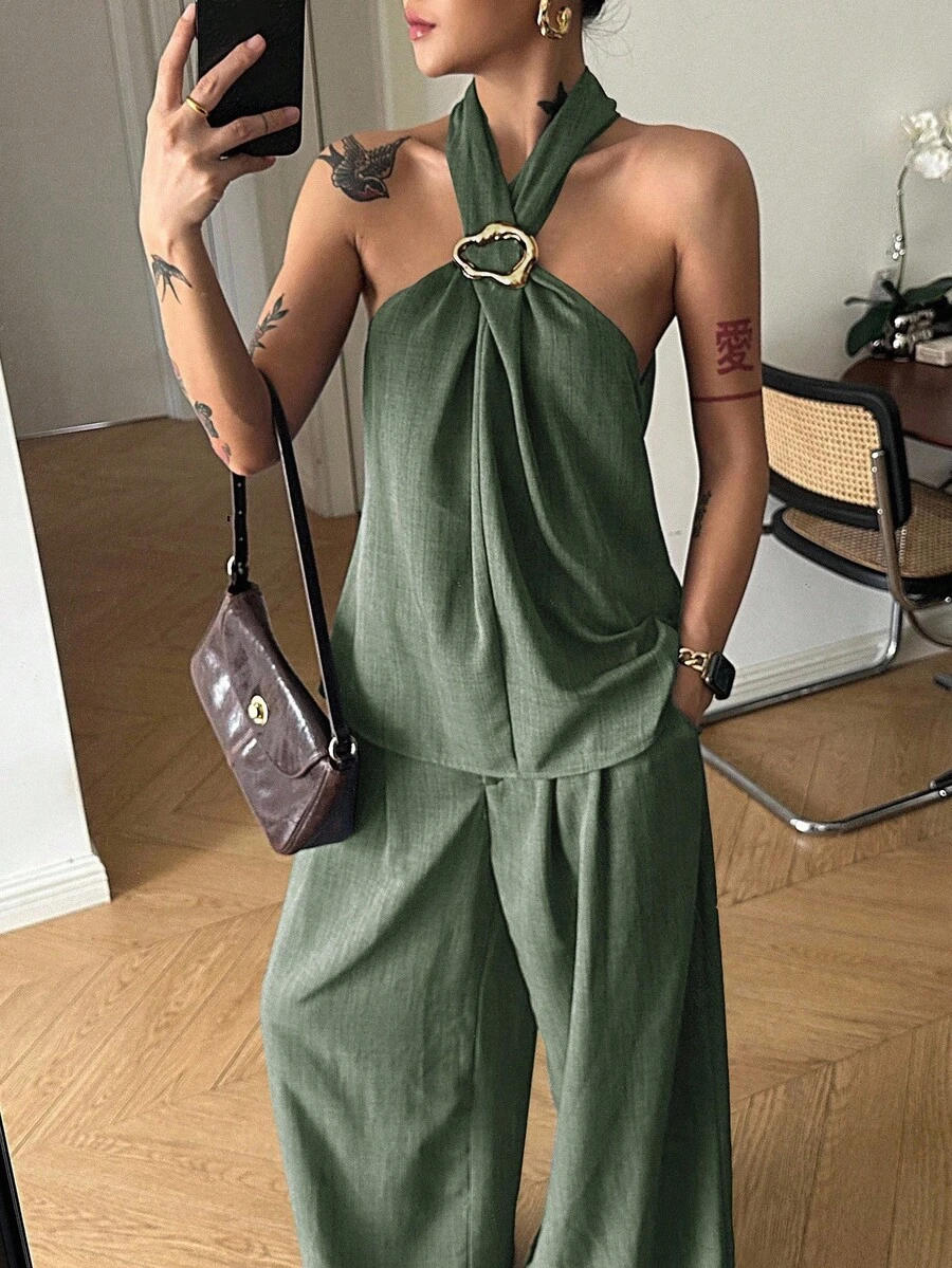 两件套复古硬币装饰露背上衣和裤子，女士休闲夏季家居服套装 - 墨綠色 - 查看 1