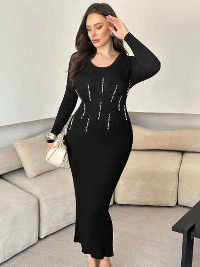 Modelyn Vestido de punto elegante y ajustado con cuello redondo, manga larga y decoración de perlas para mujer de talla grande, otoño/invierno