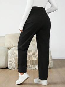 SHEIN Maternity Fall Autumn Winter Halloween Christmas New Year Thanksgiving Solid Color Casual Adjustable Waist Fleece Lined Jeans, Autumn/Winter Mom Jeans Comfortable Thermal Straight Leg Jeans Fleece-Lined Jeans Y2k Cute Streetwear 2000S Coquette Techno Outfit Birthday Outfit Night Out Going Out Club Outfit Airport Outfit Party Business Casual Woman