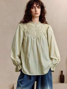 EMERY ROSE Women's Linen Fabric, Loose Fit, Heavy-Duty Aircraft Pleated Patchwork Design, Daily Commuting Top Fall Clothes For Women Saudi National Day Going Out Tops For Women Going Out Tops Autumn Women - Green - View 1