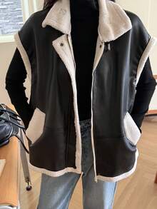 DAZY 女士时尚PU毛内衬常规夹克秋冬保暖外套 - 黑色 - 查看 2