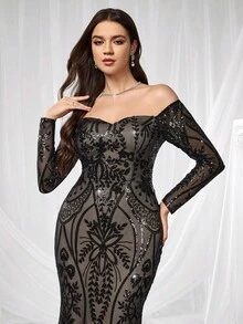 Coutiva Vestido elegante y hermoso con contraste de color con lentejuelas, espalda descubierta, manga larga y caída de hombros, adecuado para cenas formales, ceremonias de graduación, invitados de boda y fiestas de cumpleaños - Negro - Ver 6