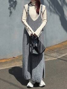 FRIFUL Women's Sleeveless Braided Decor Solid Color Straight Knit Sweater Dress