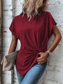 EMERY ROSE Women's Short Sleeve Knotted Casual Loose Solid Color T-Shirt - Red - View 3