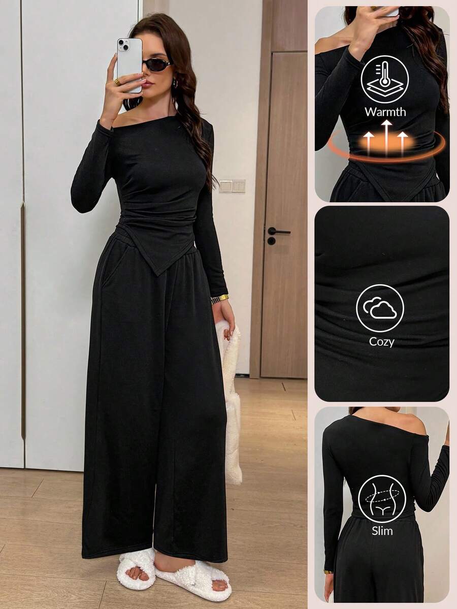 SHEIN LUNE مجموعة من قطعتين للنساء، تتكون من قميص كاجوال أسود بأكمام طويلة مع خصر مطوي وبنطال بخصر مطاطي مع جيوب، مناسب للخريف والشتاء - الأسود - مشاهدة 1