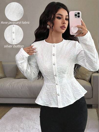 Rafferiza Women's Elegant Style Mechanism Sense Three-Dimensional Rose Jacquard Slightly Flared Fishtail Women's Button Jacket Autumn Women's Clothing Fall Winter Cloth For Women