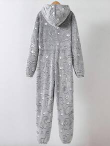 男士恐龙印花抓绒连体衣，休闲灰色家居服，秋冬款 - 灰色 - 查看 2