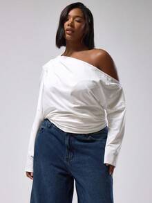 MUSERA Plus Asymmetric Shoulder Long Sleeve Top Cute Holiday Elegant Vacation Romantic Curve Week , Holidays, Party, Festive Spring - White - View 1